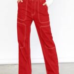 Dokotoo Women Casual High Waist Cargo Jeans Wide Leg Denim Pants Red Size 14