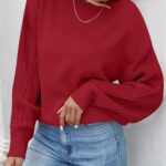 ZESICA Women’s Fall Long Sleeve Crew Neck Solid Color Cable Knit Chunky Casual Oversized Pullover Sweater Tops,Red,Small