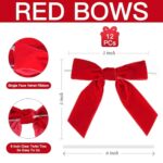 LIZLOVESS Red Velvet Ribbon Christmas Bow 5 Inch Premade Red Bows for Christmas Tree Hanging Decorations Gift Wrapping Wreaths Crafts Outdoor Indoor Home Decor Wedding, Pack of 12