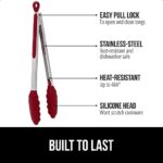 GORILLA GRIP Stainless Steel Heat Resistant Kitchen Tongs for Cooking, 9 + 12 Inch, Set of 2 BBQ Tong, Non Scratch Silicone Tip for Pan, Strong Grip, Grab Food, Toss Salad, Air Fryer, Pull Lock, Red