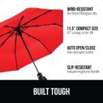 Gorilla Grip Windproof Compact Stick Umbrella for Rain, One-Click Automatic Open and Close, Strong Reinforced Fiberglass Ribs, Easily Collapsible, Lightweight Portable Umbrellas for Travel, Red