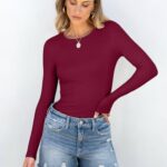 ANRABESS Women Long Sleeve Crewneck Rib Knit Slim Fit Shirts Basic Tee Tops 2025 Casual T-Shirt Going Out Workout Outfits Deep Red Medium