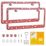 FIISFIIS Bling License Plate Frame for Women,2 Pack Premium Stainless Steel Rhinestone License Plate Holder,Handmade Glitter Crystal Diamond Lincense Plate Cover for Girl,Bedazzled Sparkly Caps-Red