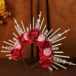 COSUCOS Rose Halo Crown Handmade Red and Pink Flower Headpiece with Crystal Greek Gold Spiked Headband for Women Fairy Elf Hair Hoop Cosplay Renaissance Halloween Wedding Hair Accessories